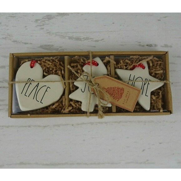 New Rae Dunn 3-PC Christmas Ornaments Ceramic Peace Joy Hope Tree Heart Star Set - Picture 3 of 11